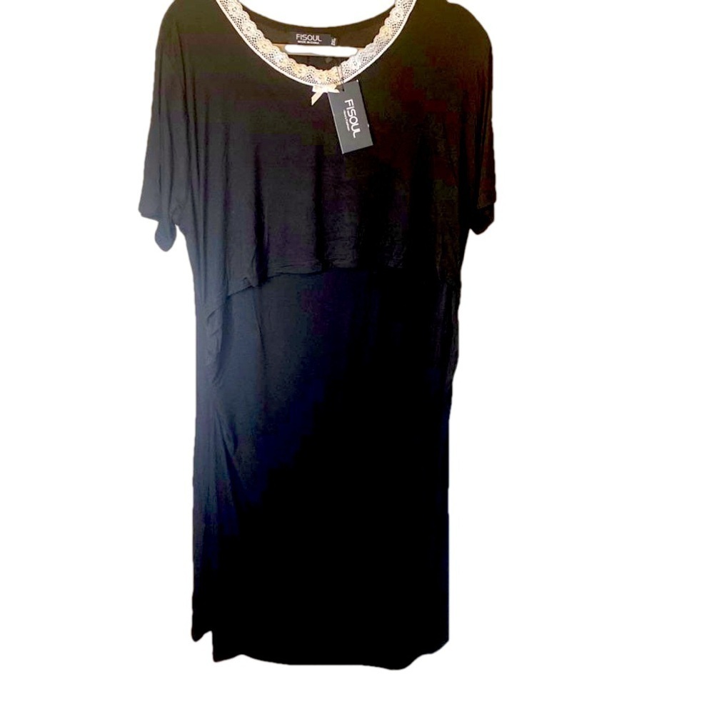 Fisoul 2xL black flowy dress with lace neckline and bow NWT